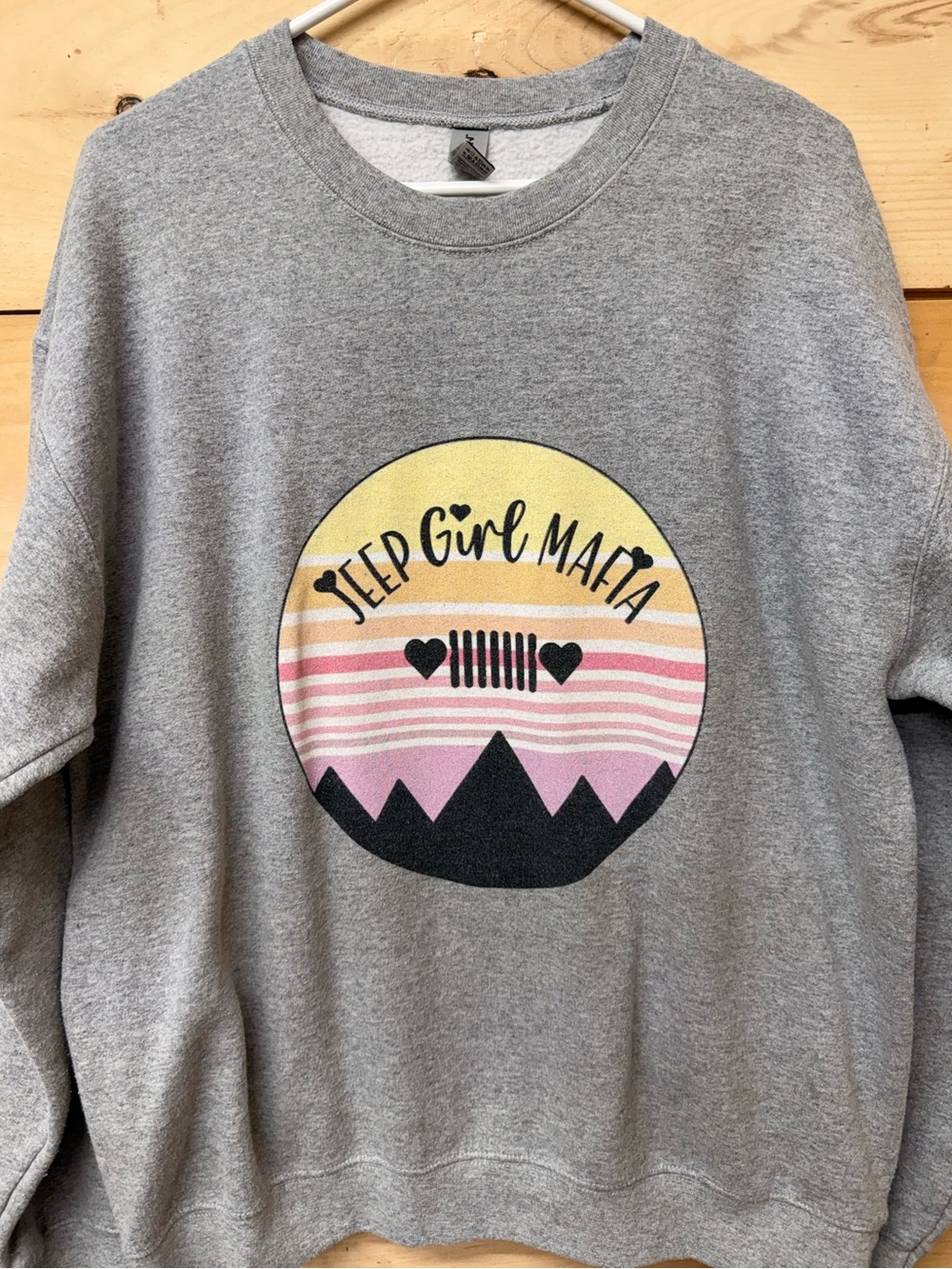 Gildan Gray 'Jeep Girl Mafia' Graphic Crewneck with Yellow & Pink Accents